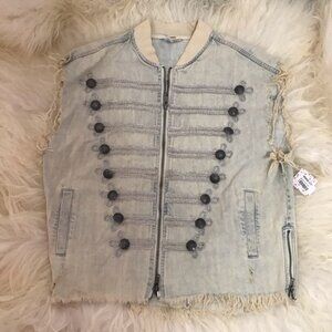 Free People Embroidered Officer Striped Denim Vest